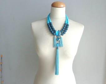 Turquoise necklace, tassel chunky necklace, modern tribal statement, blue necklace