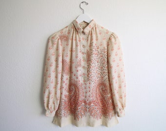 VINTAGE Blouse 1970s Boho Top Paisley Small