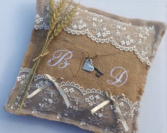 Rustic ring bearer pillow, wedding burlap fabric, lace, wheat, Bohemian, country theme, Whoopsidaisies