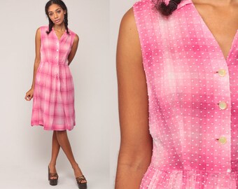 1960s Dress Pink Dress Checkered 60s Cotton Day Dress SHEER Plaid 50s Midi Button Up Pin Up Sleeveless Vintage Mad Men Full Skirt Large