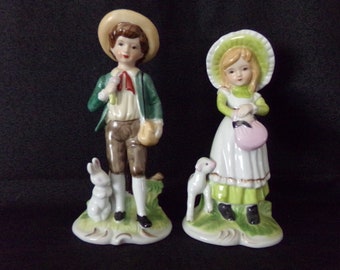 Vintage 1950s Porcelain Glaze Boy And Girl Figurine, Set Of 2, Made In Korea, Antique, Farmhouse, Shabby Chic, Country Decor, Knick Knacks