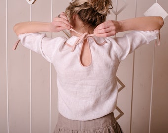 Linen lace up blouse, Peter pan blouse, white linen blouse, white blouse, ladieswear, Peterpan collar, formal white blouse, peter pan collar