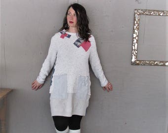 upcycled tunic wearable art clothing L X Large recycled sweater dress repurposed shirt sustainable cotton reclaimed dress LillieNoraDryGoods