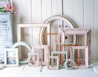 Pink and Mint Vintage Frames, Baby Girl Nursery Frames, MADE to Order, Large Oval Frame, Shabby Chic Frames Spring Wedding Picture Frame Set