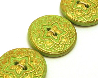 Handmade Round Buttons Pale Green and Gold Textured 25mm