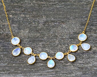 Natural Rainbow Moonstone Necklace, cluster necklace, anthropologie necklace, boho long necklace, gemstone necklace - birthstone gifts
