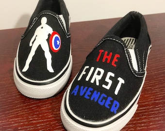 The First Avenger...Captain America...Marvel Superhero...Boy's Hand Painted Canvas Slip on Shoe...Size 11 or Size 12 Available Now