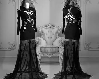 slashed dress Morticia Addams black gothic lace transparent