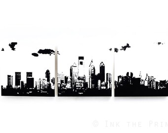 Philadelphia Skyline Wall Art: 3 Piece Triptych (Various Color Options) 3 x 1 Foot Philly Cityscape Screen Print & Painting