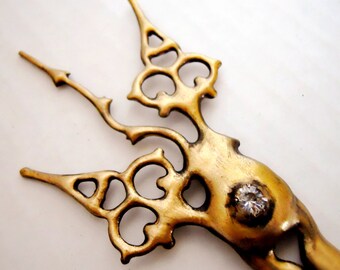 Hair Stick distressed Steampunk antique gold color w clock hands and crystal Neo Victorian perfect for tea time balls weddings bride