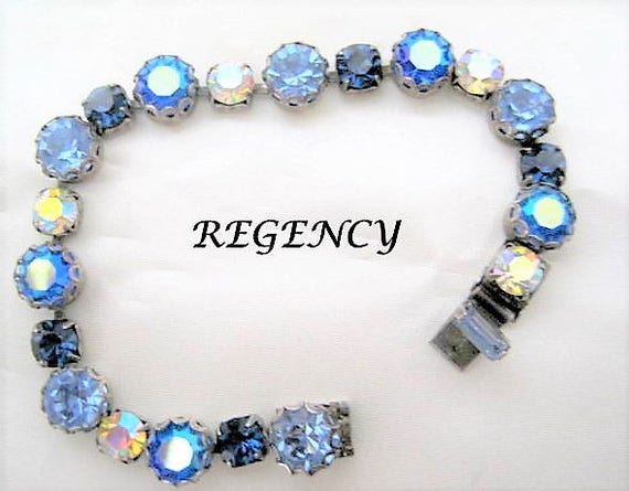 Blue Rhinestone Bracelet, Regency Signed Designer, Tennis Links, Sparkling Sapphire Links