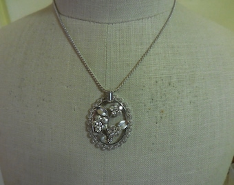Vintage 1940s to 1950s Silver Tone Krementz Flower and Rhinestone Necklace Wedding Bridal Filigree