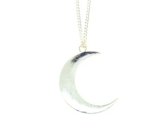 Large Silver Crescent Moon Necklace, Moon Pendant, Half Moon Necklace, Long Layering Necklace, Celestial Pendant, Silver Moon Charm