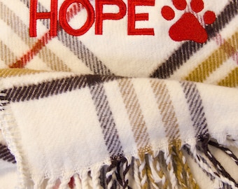 Personalised Dog's Blanket with Embroidered Name and Paw Design (Brown Tartan)