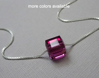 Fuschia Crystal Cube Necklace, Hot Pink Necklace, Fuschia Wedding Necklace, Bridesmaid Necklace, Flower Girl Necklace, Fuschia Jewelry