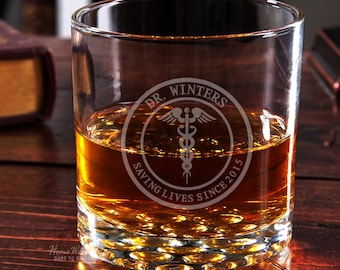 Engraved Whiskey Glass for Doctors and Nurses - Medical Arts Design with Buckman Glass - Handsome Personalized Glasses - Retirement Gifts
