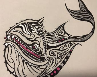 Original Pen and ink drawing "Whale of a Time"