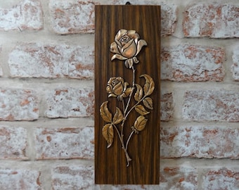 Vintage faux teak and brass wall hanging roses