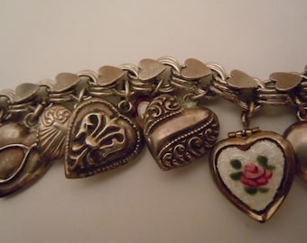 Puffy Heart Charm Bracelet Sterling Silver Collectible Charms