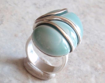 Teal Ceramic Ring Sterling Silver Wrapped Robins Egg Blue Size 6-1/4 Vintage V0671