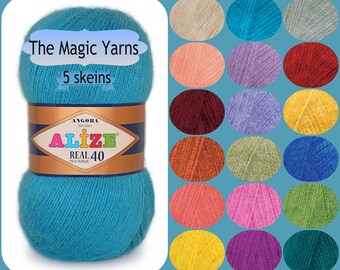 Alize Angora Real 40- Set of 5 skeins,wool,angora goat yarn,winter yarn, fingering yarn,3-4 ply yarn,soft yarn,fine weight,neon pink, denim