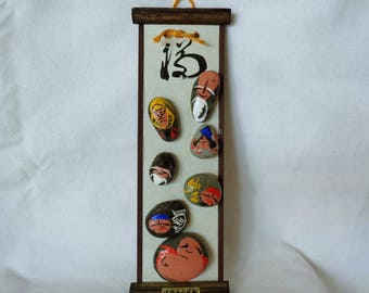VJ886 :SEVEN LUCKY GODS Art Deco,Japanese seven lucky gods painted on stones and fix on wall hanging wooden board/plaque,hand made in Japan
