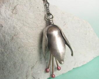 Tinkling Bell Flower Necklace, Sterling Silver Necklace, Copper And Silver Artisan Musical Mixed Metal Necklace, Silver Bell Necklace