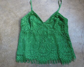 Vtg Green Lace Top Spaghetti Strap Camisole Fringe 1990's M L