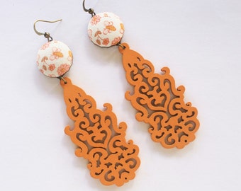Boho chic earrings, bohemian earrings, long earrings, hippie earrings, orange earrings, filigree wood earrings, long earrings