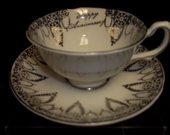 Royal Grafton Fine Bone China Happy Anniversary Cup & Saucer, Made in England Vintage Item #839 ON SALE NOW!!