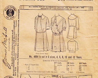 1900's Girl's Dress Pattern McCall 4864 1908 Nautical Style Dress with Four Gored Skirt 24-1/2" Breast Measure
