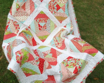 Girl's Modern Block Patchwork Lap Quilt; Throw sized quilt made from "Little Ruby" fabric line.
