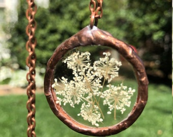 Large Queen Anne's Lace Wildflower Copper Pendant Necklace