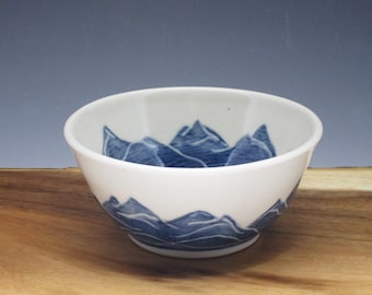 Handmade porcelain ice cream bowl, handpainted in mountain design