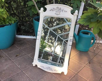 Vintage Large Ornate White Mirror -Old White painted - Country French - Shabby Chic mirror 26 x 15 - Farmhouse Decor - Cottage Chic