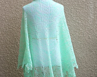 Knit shawl, knit wrap, lace shawl, lace wrap in mint green gift for her ready to ship
