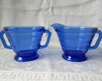 Vintage Cobalt Blue Cream and Sugar Set, Hazel Atlas