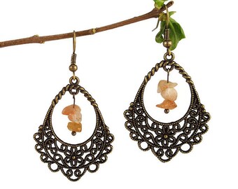 Bohemian bronze jewelry, sunstone dangle earrings, spiral wire earrings, boho bohemian earrings, bronze lace earrings, sunstone jewelry fael