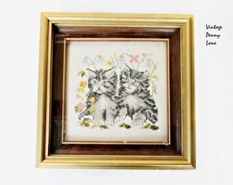 Vintage Needlepoint Cat Art, Wood Framed