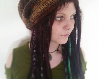 Chunky crochet Dreadlocks hat in tones of brown.