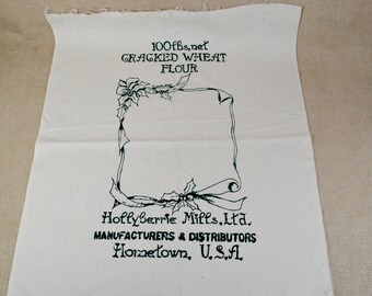 Vintage Feed Sack Panel, Muslin Pillow Panel, Seed Sack, Winter Crafting, Holly Leaves and Berries, Primitive Christmas Decor