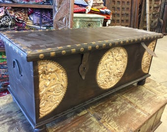 Spice Route Journey Vintage Tobacco Dark Brown Trunk Coffee Table, Circle Floral Carved Chest , Old Farmhouse Chic