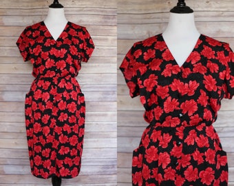 1950s red and black floral dress, 1950s style floral dress, 1980s Floral Dress, 80s Floral Dress, Vintage Floral Dress, 1950s floral dress
