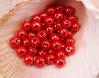 8mm Glass Pearls - Red - 50 pieces - Crimson - Siam - Cardinal