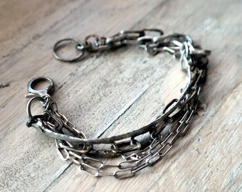 Raw Silver Bracelet, Hammered Multi Strand Bracelet, Oxidized chain bracelet, Sterling Silver
