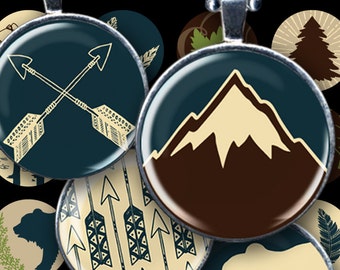 Big Woods digital collage sheet 1 inch / 25 mm circles, printable camping images for pendants, bottle caps, bezels, glass tiles piddix 959