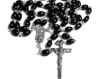 Mens Black Rosary, Wood Rosary, Catholic Rosary, Catholic Beads, Blessed Mother, Scapular Center, Rosary Necklace