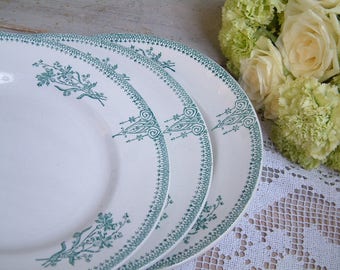Set of 4 Antique french green transferware plates. Art Nouveau. Antique french transferware. Emerald Green transferware.