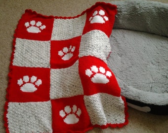 Hand Knitted Paw Print Pet Blanket, Cat Blankets, Dog Blankets, Hand Knit Blankets, Crate Bedding, Pet Blanket, Knitted Pet Blanket
