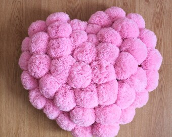 Pink Heart Pillow, Gift for Her, Pom Pom Pillow, Gift for Teen Girl, Teen Girl Gift, Dorm Room Decor, , Soft Pillow, Pompom Cushion